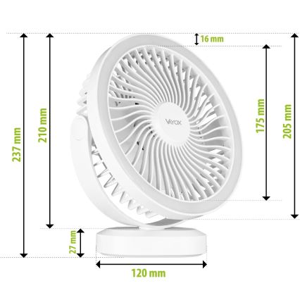 LED Ladattava pöytä tuuletin LED-valolla LED/3W/5V USB 2400 mAh valkoinen
