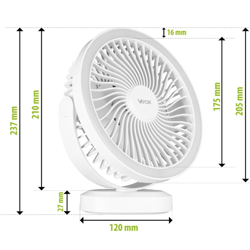 LED Ladattava pöytä tuuletin LED-valolla LED/3W/5V USB 2400 mAh valkoinen