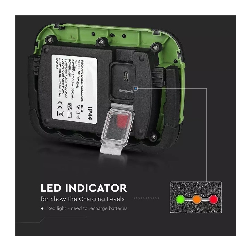 LED Ladattava valonheitin SAMSUNG CHIP LED/10W/3,7V IP44 4000K vihreä