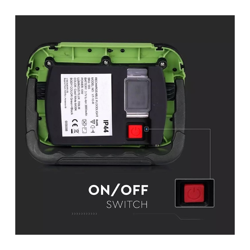 LED ladattava valonheitin SAMSUNG CHIP LED/10W/3,7V IP44 6400K 3600 mAh vihreä