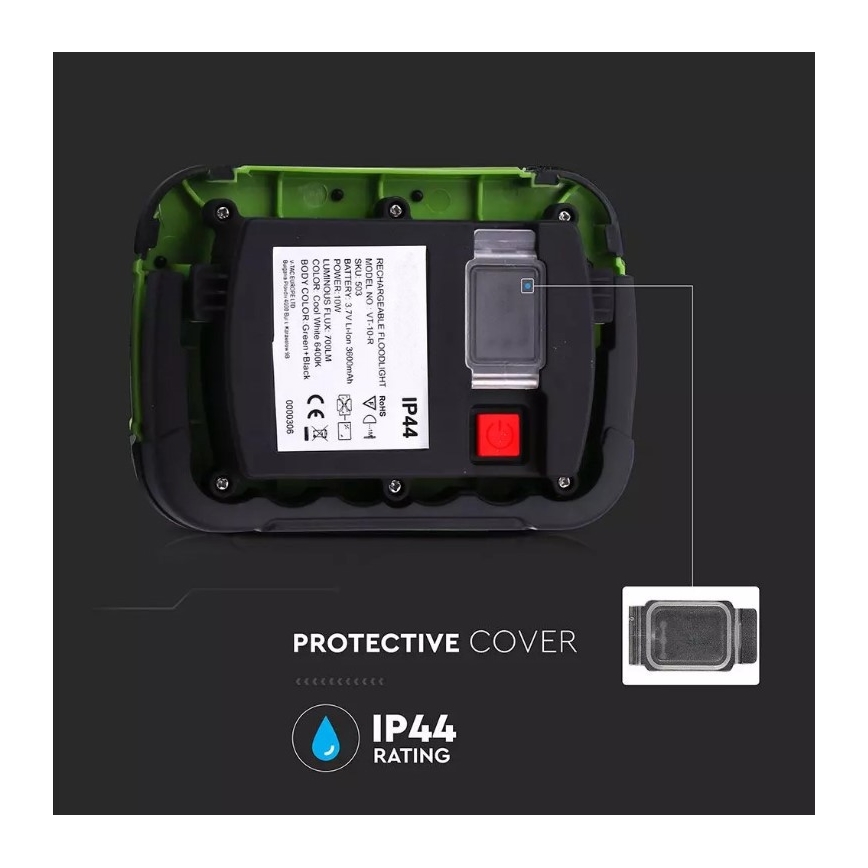 LED ladattava valonheitin SAMSUNG CHIP LED/10W/3,7V IP44 6400K 3600 mAh vihreä