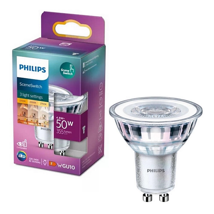 LED-lamppu Philips SCENE SWITCH PAR16 GU10/4,8W/230V 2200/2500/2700K kolmiasentoinen kytkentä