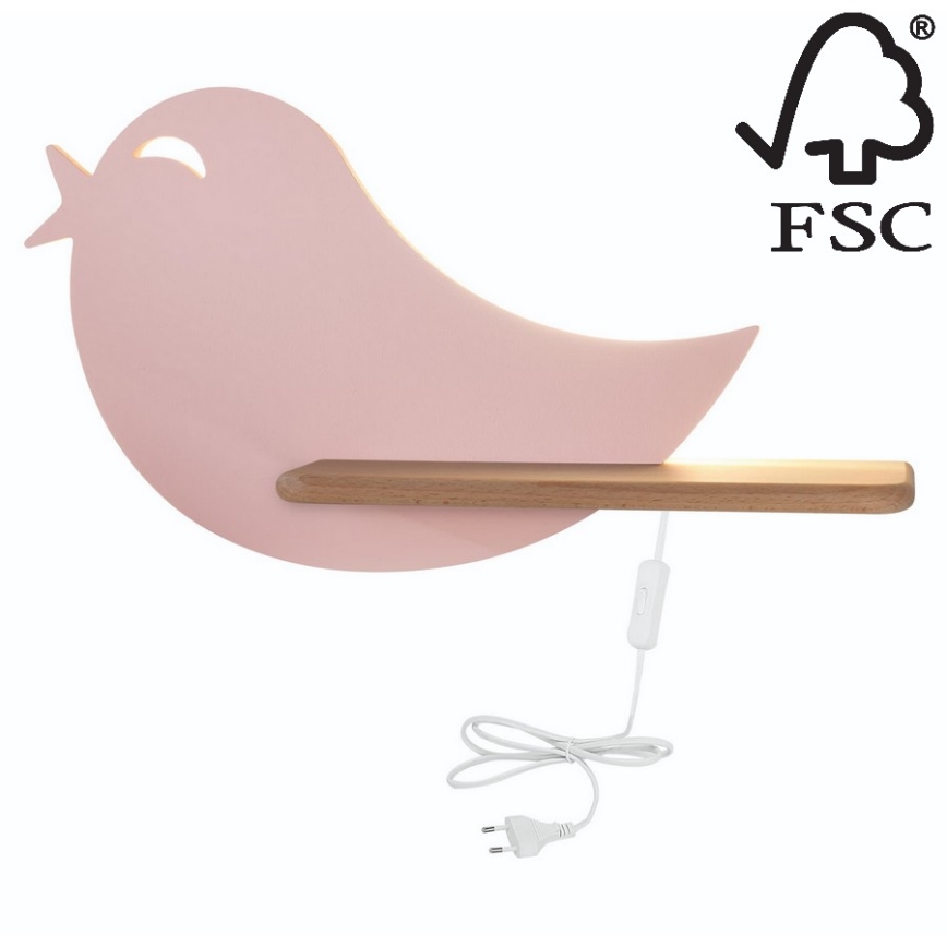 LED Lasten seinävalaisin hyllyllä BIRD LED/5W/230V pinkki/puu - FSC-sertifioitu