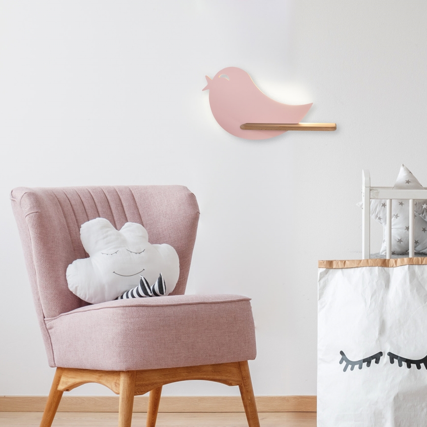 LED Lasten seinävalaisin hyllyllä BIRD LED/5W/230V pinkki/puu - FSC-sertifioitu