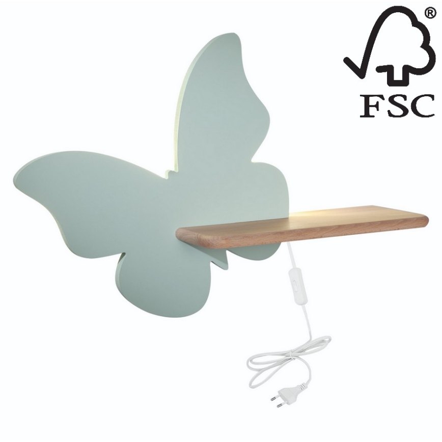 LED Lasten seinävalaisin hyllyllä BUTTERFLY LED/5W/230V vihreä/puu - FSC-sertifioitu