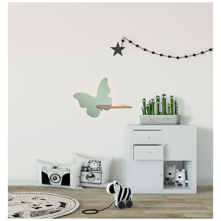 LED Lasten seinävalaisin hyllyllä BUTTERFLY LED/5W/230V vihreä/puu - FSC-sertifioitu