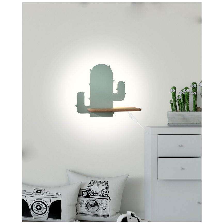 LED Lasten seinävalaisin hyllyllä CACTUS LED/4W/230V vihreä/puu - FSC-sertifioitu