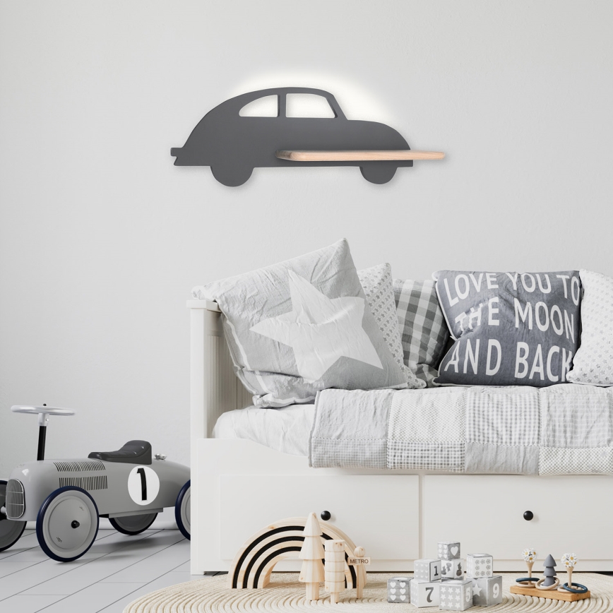LED Lasten seinävalaisin hyllyllä CAR LED/5W/230V harmaa/puu - FSC-sertifioitu