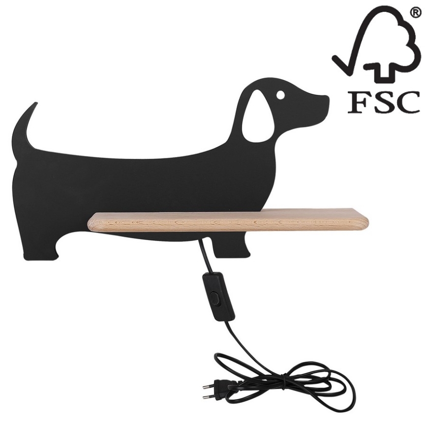 LED Lasten seinävalaisin hyllyllä DOG LED/5W/230V musta/puu - FSC-sertifioitu