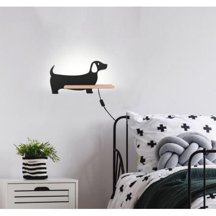 LED Lasten seinävalaisin hyllyllä DOG LED/5W/230V musta/puu - FSC-sertifioitu