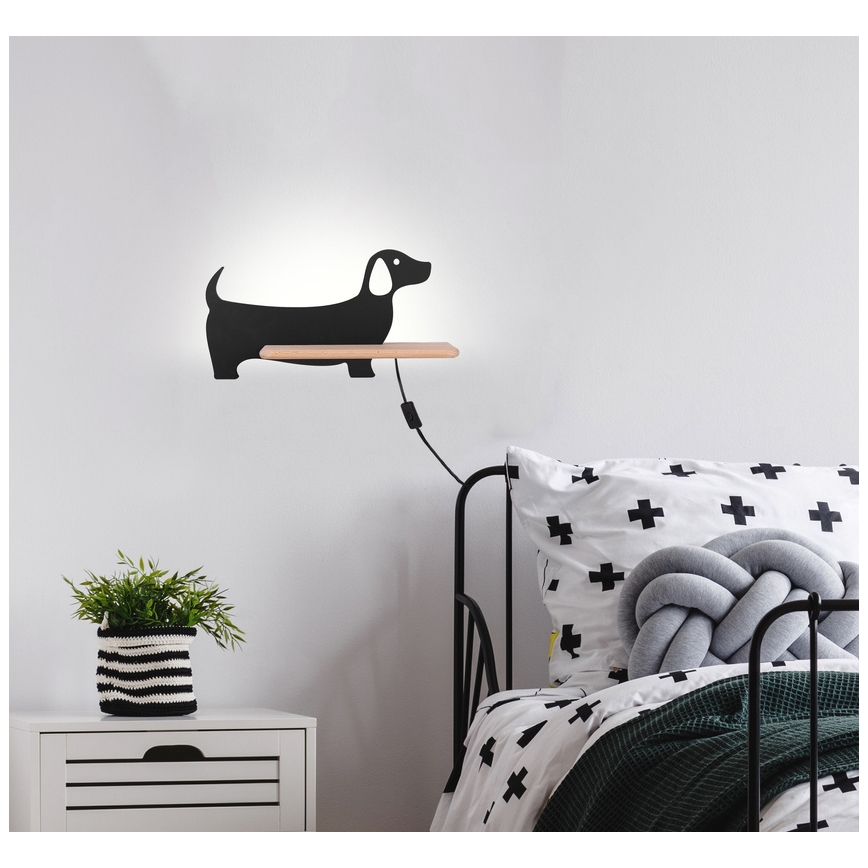 LED Lasten seinävalaisin hyllyllä DOG LED/5W/230V musta/puu - FSC-sertifioitu