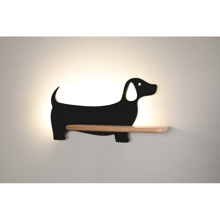 LED Lasten seinävalaisin hyllyllä DOG LED/5W/230V musta/puu - FSC-sertifioitu