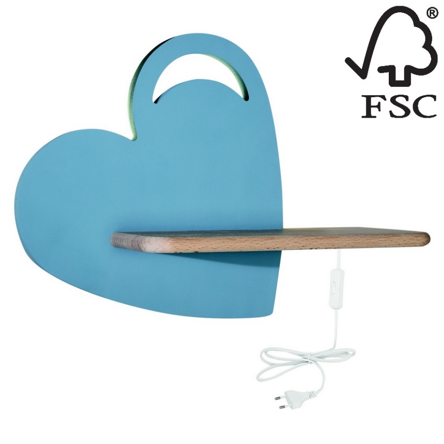 LED Lasten seinävalaisin hyllyllä HEART LED/5W/230V sininen/puu - FSC-sertifioitu