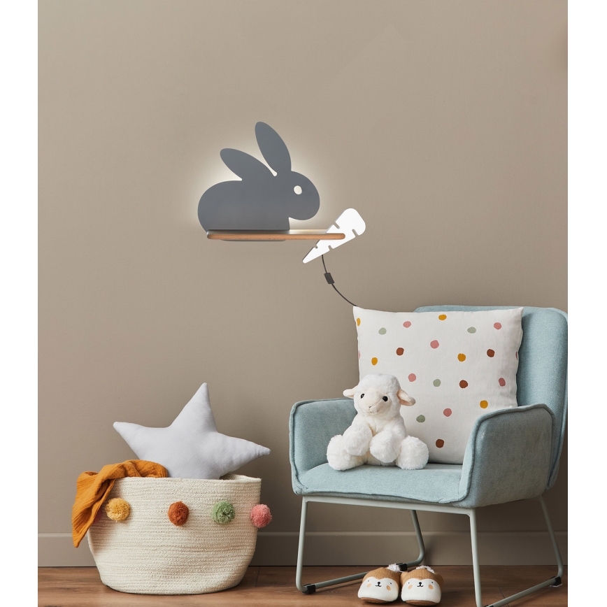 LED Lasten seinävalaisin hyllyllä RABBIT LED/4W/230V harmaa/valkoinen/puu - FSC-sertifioitu
