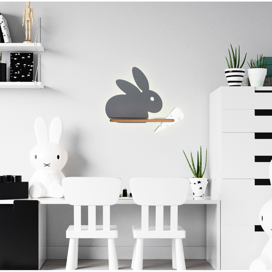 LED Lasten seinävalaisin hyllyllä RABBIT LED/4W/230V harmaa/valkoinen/puu - FSC-sertifioitu