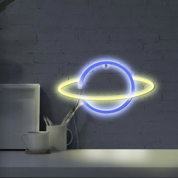 LED Neon seinäkoriste PLANET LED/3W/3xAA USB sininen/keltainen
