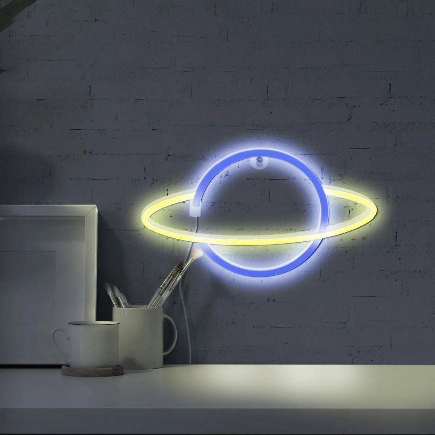 LED Neon seinäkoriste PLANET LED/3W/3xAA USB sininen/keltainen
