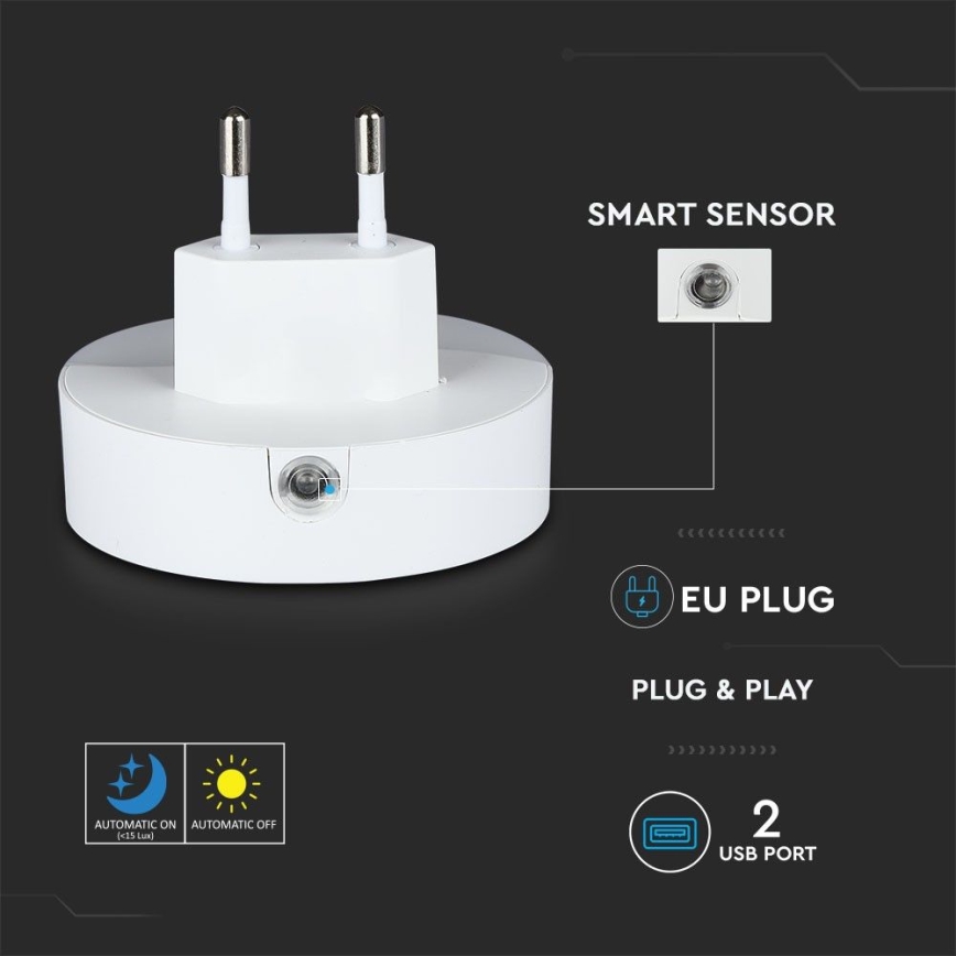 LED Pistorasia yövalo hämärätunnistimella 2xUSB LED/0,45W/230V 3000K