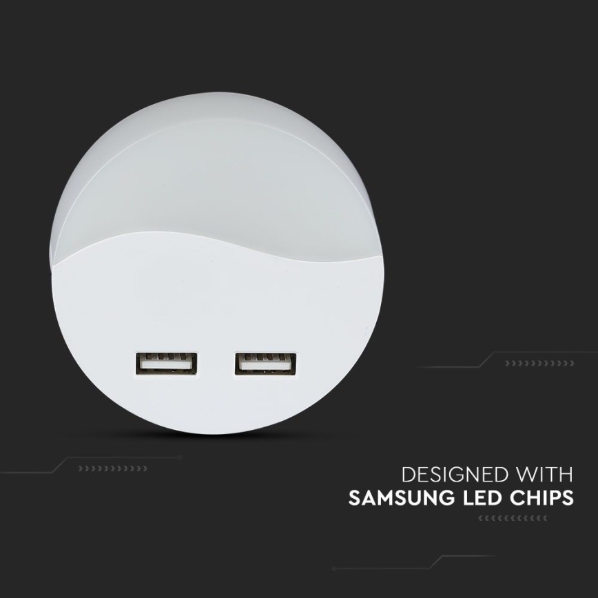 LED Pistorasia yövalo hämärätunnistimella 2xUSB LED/0,45W/230V 3000K
