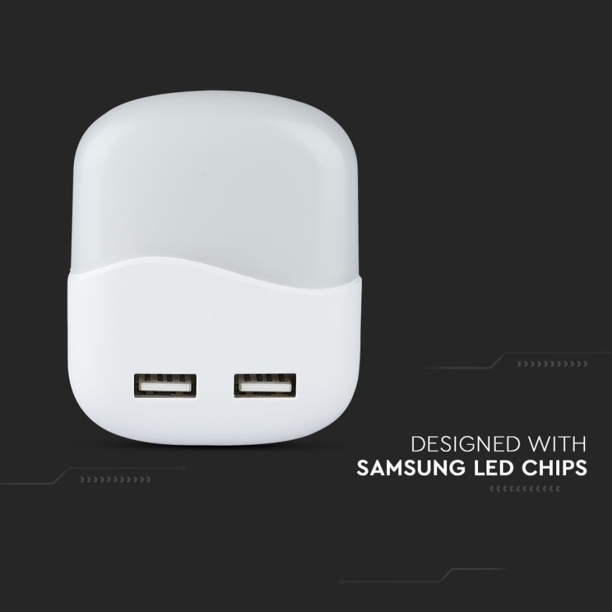 LED Pistorasia yövalo hämärätunnistimella 2xUSB LED/0,45W/230V 3000K