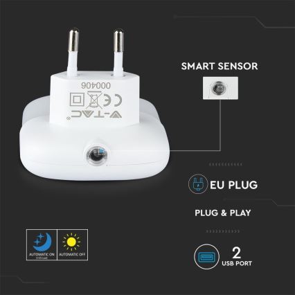 LED Pistorasia yövalo hämärätunnistimella 2xUSB LED/0,45W/230V 3000K