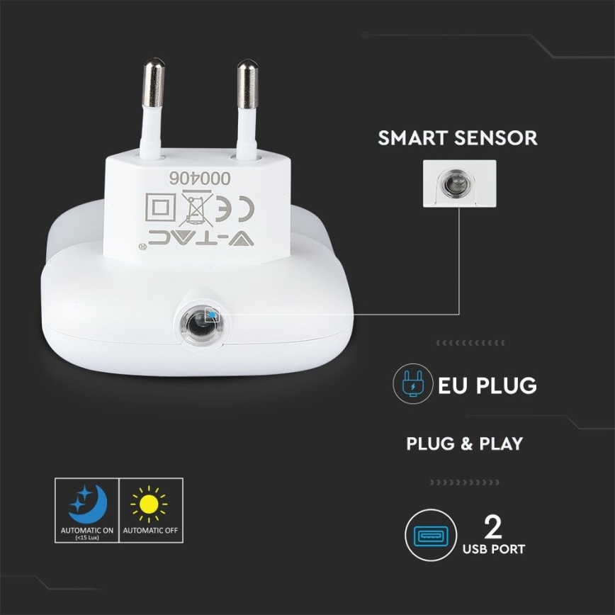 LED Pistorasia yövalo hämärätunnistimella 2xUSB LED/0,45W/230V 3000K