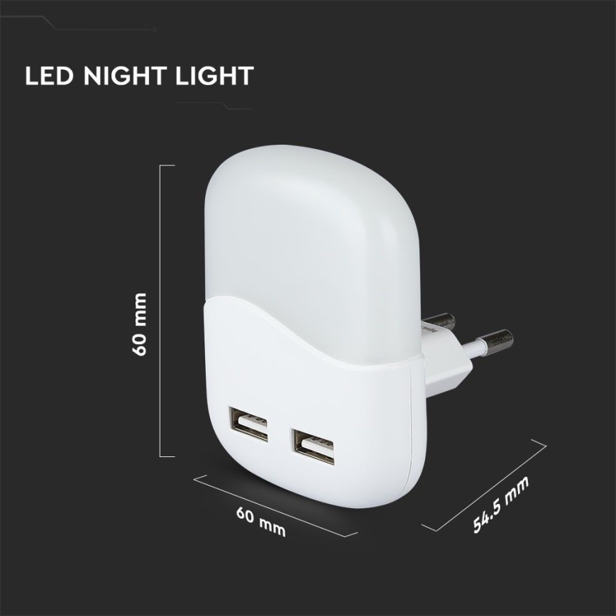 LED Pistorasia yövalo hämärätunnistimella 2xUSB LED/0,45W/230V 3000K