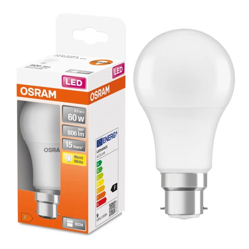 LED-polttimo A60 B22d/8,5W/230V 2700K - Osram