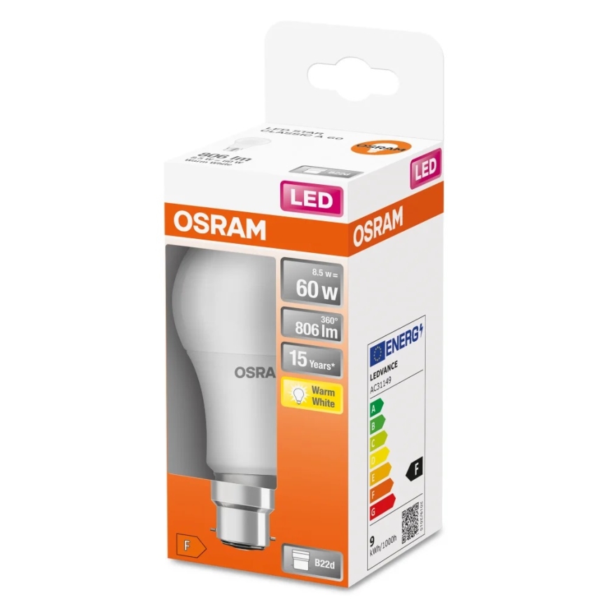 LED-polttimo A60 B22d/8,5W/230V 2700K - Osram