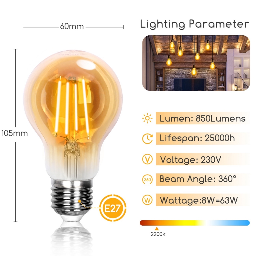 LED Polttimo A60 E27/8W/230V 2200K - Aigostar