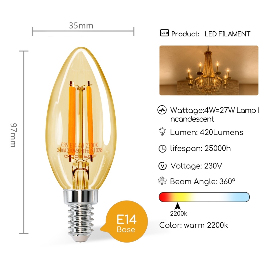 LED Polttimo C35 E14/4W/230V 2200K - Aigostar