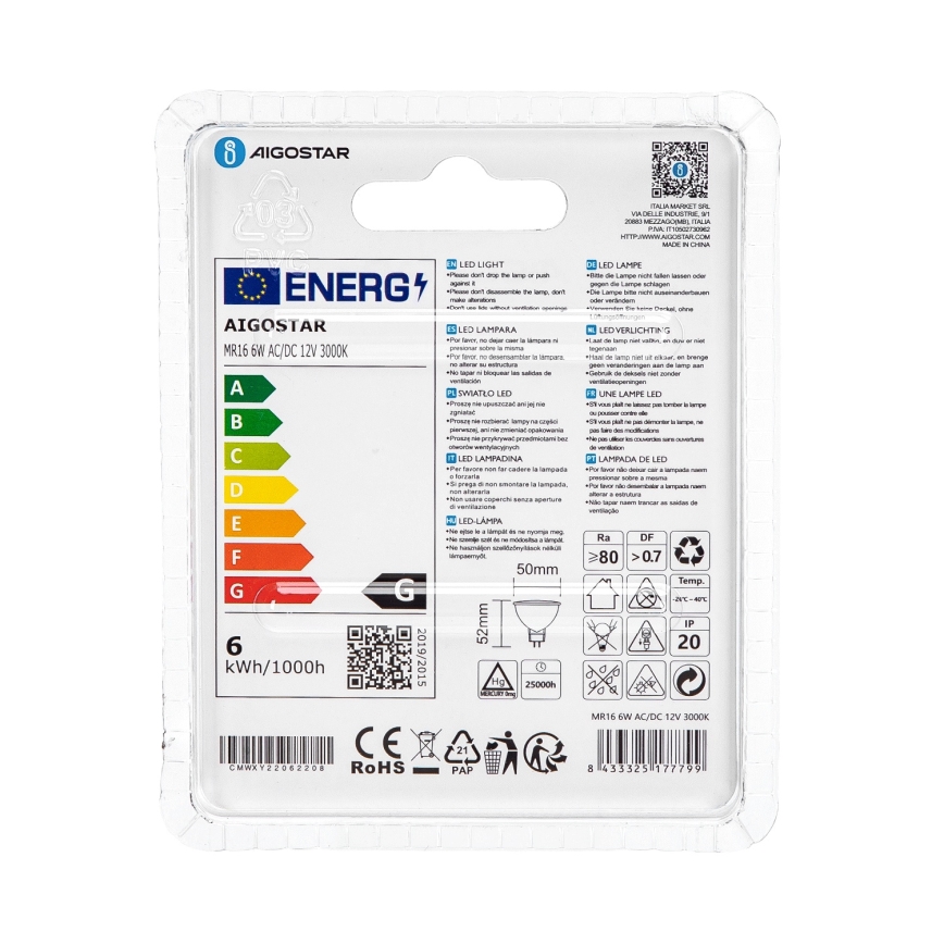 LED-polttimo MR16 GU5,3/6W/12V 3000K - Aigostar