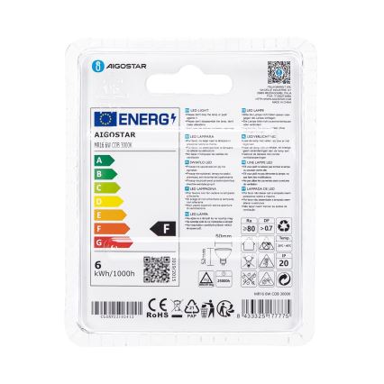 LED-polttimo MR16 GU5,3/6W/12V 3000K - Aigostar