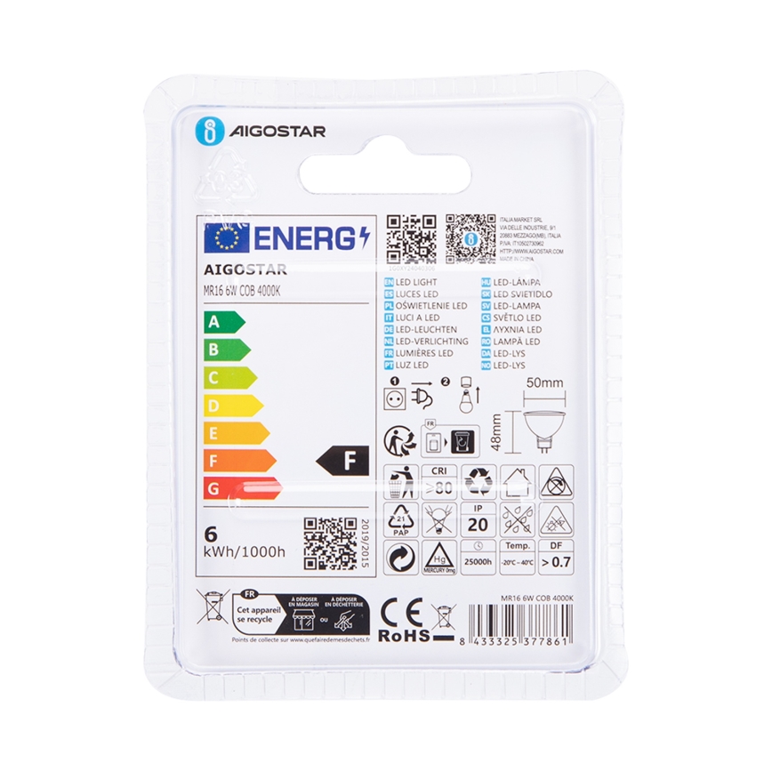 LED-polttimo MR16 GU5,3/6W/12V 4000K - Aigostar