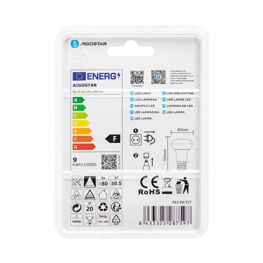 LED-polttimo R63 E27/9W/230V 3000K - Aigostar