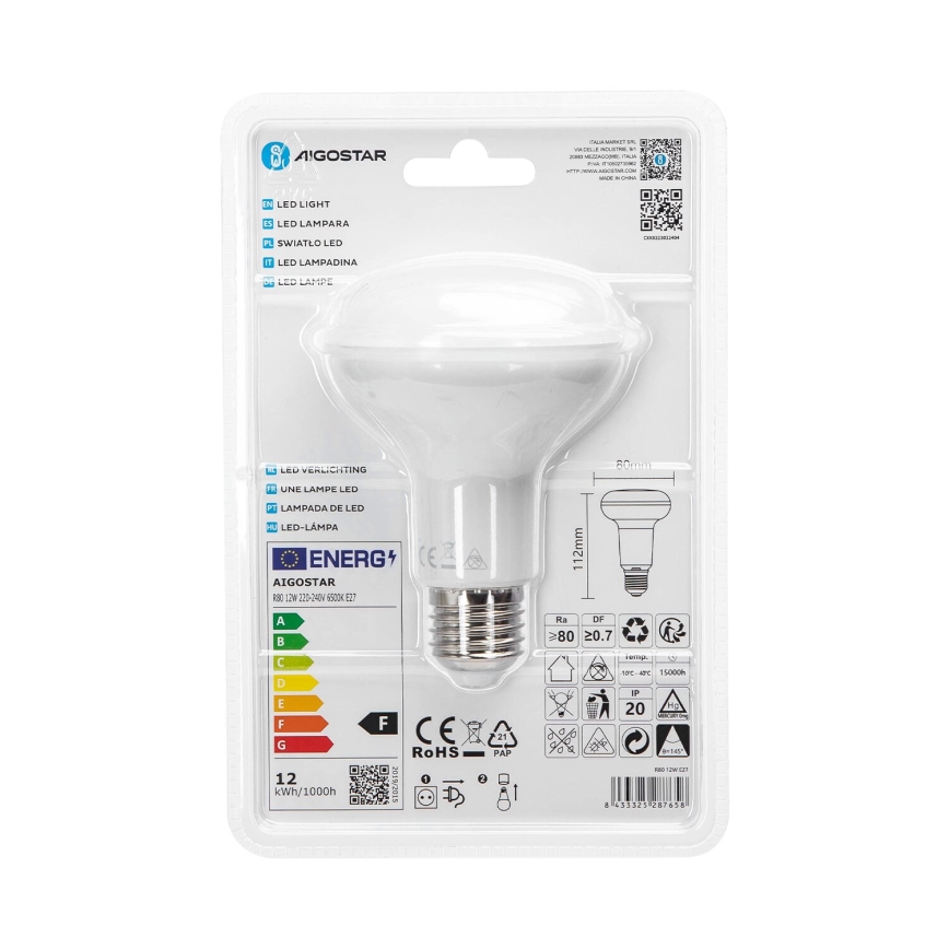 LED-polttimo R80 E27/12W/230V 6500K - Aigostar