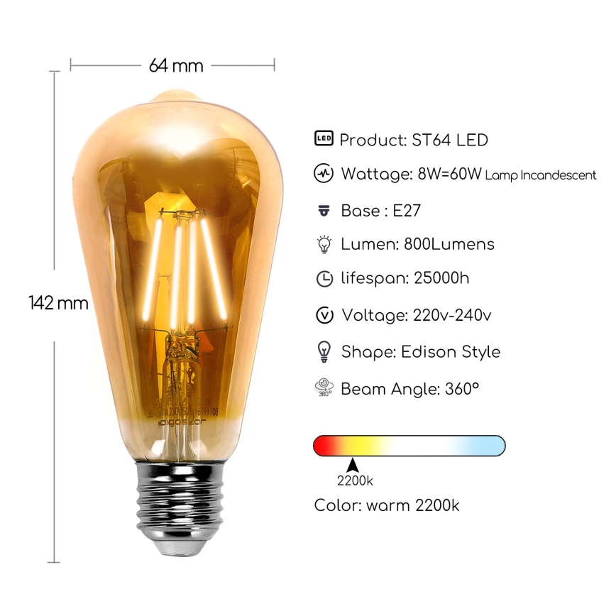 LED Polttimo ST64 E27/8W/230V 2200K - Aigostar