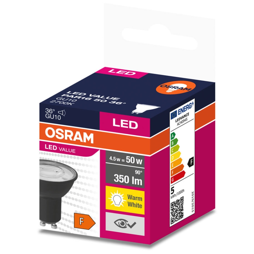 LED-polttimo VALUE PAR16 GU10/4,5W/230V 2700K 36° musta - Ledvance