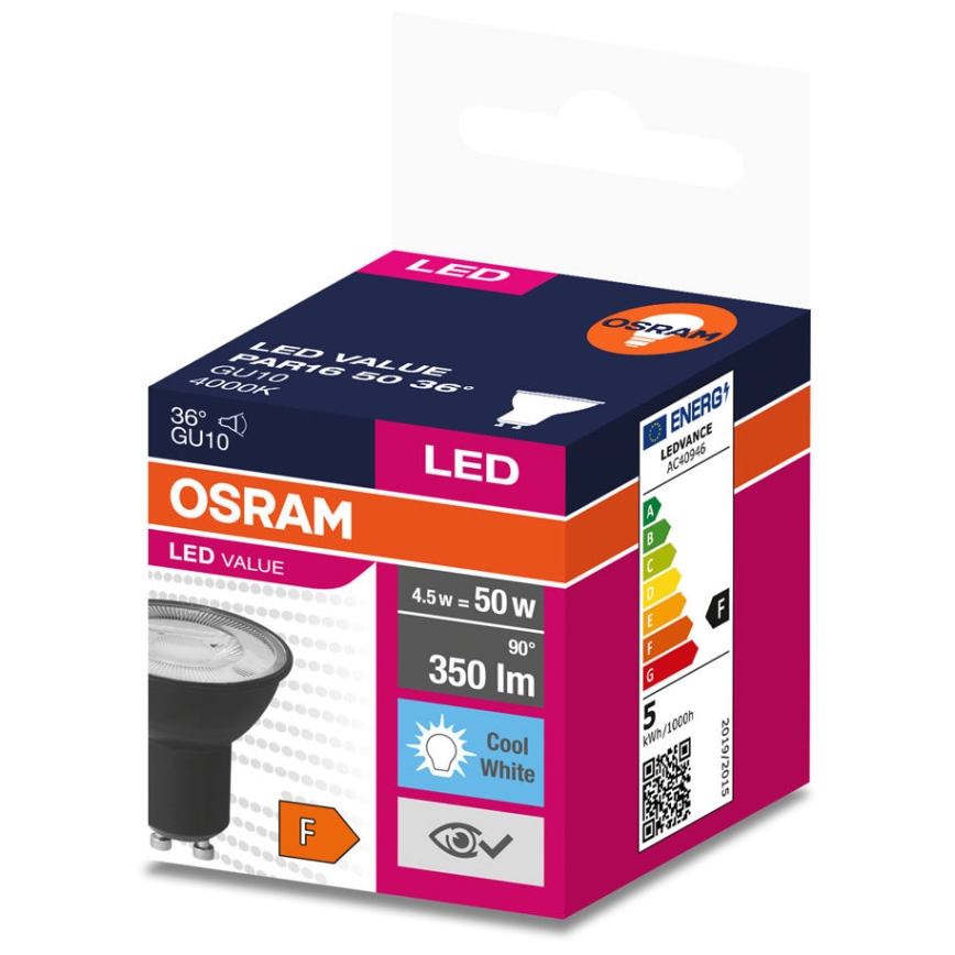 LED-polttimo VALUE PAR16 GU10/4,5W/230V 6500K 36° musta - Ledvance