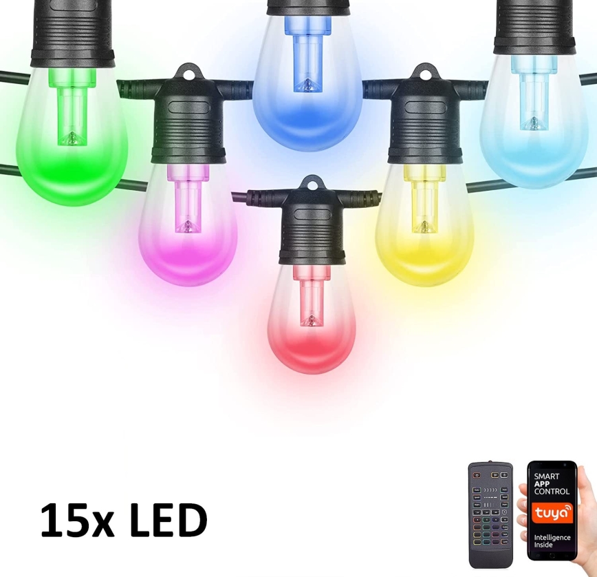LED RGB+CCT Himmennettävä ulko ketju SEPPELE 15xLED/1W/230V 15m Wi-Fi Tuya IP65 + kauko-ohjaus