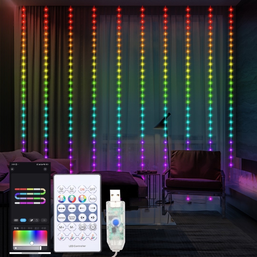 LED RGB Himmennettävä Valoverho WIZARD 300xLED/USB 3x3m + kauko-ohjaus