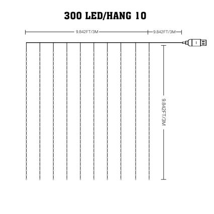 LED RGB Himmennettävä Valoverho WIZARD 300xLED/USB 3x3m + kauko-ohjaus
