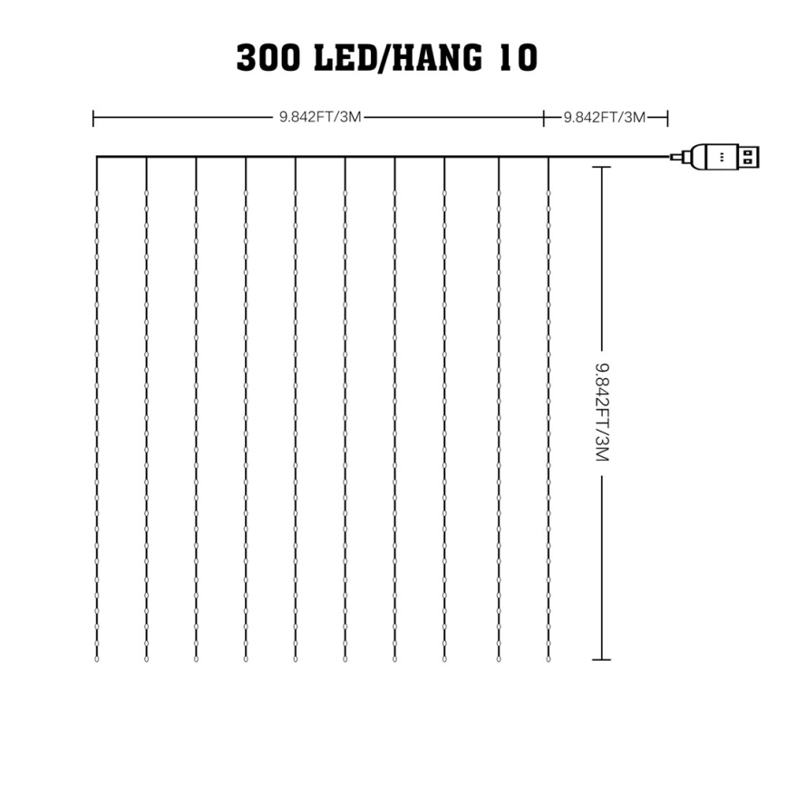 LED RGB Himmennettävä Valoverho WIZARD 300xLED/USB 3x3m + kauko-ohjaus