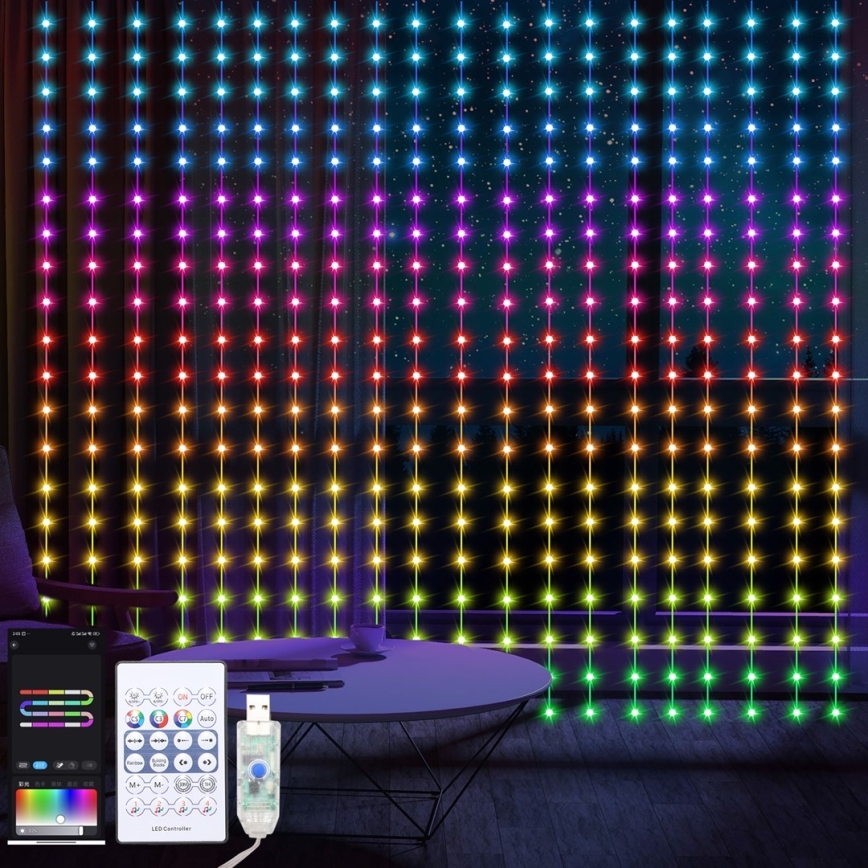 LED RGB Himmennettävä Valoverho WIZARD 400xLED/USB 2x2m + kauko-ohjaus