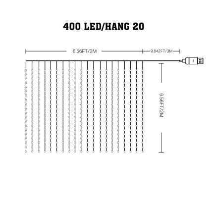 LED RGB Himmennettävä Valoverho WIZARD 400xLED/USB 2x2m + kauko-ohjaus