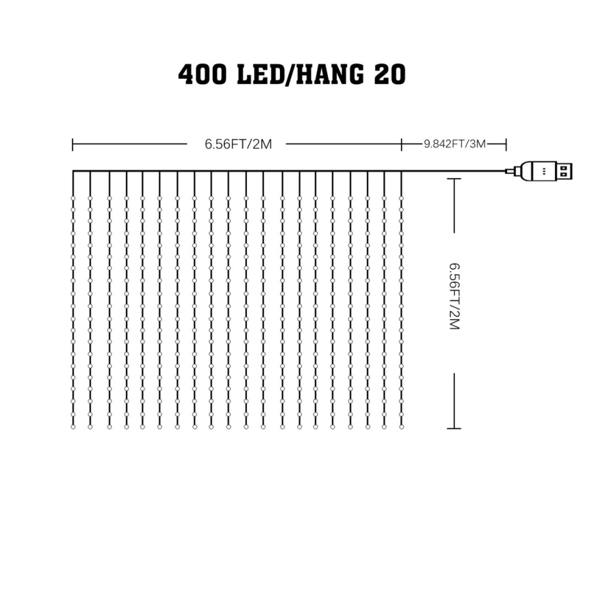 LED RGB Himmennettävä Valoverho WIZARD 400xLED/USB 2x2m + kauko-ohjaus