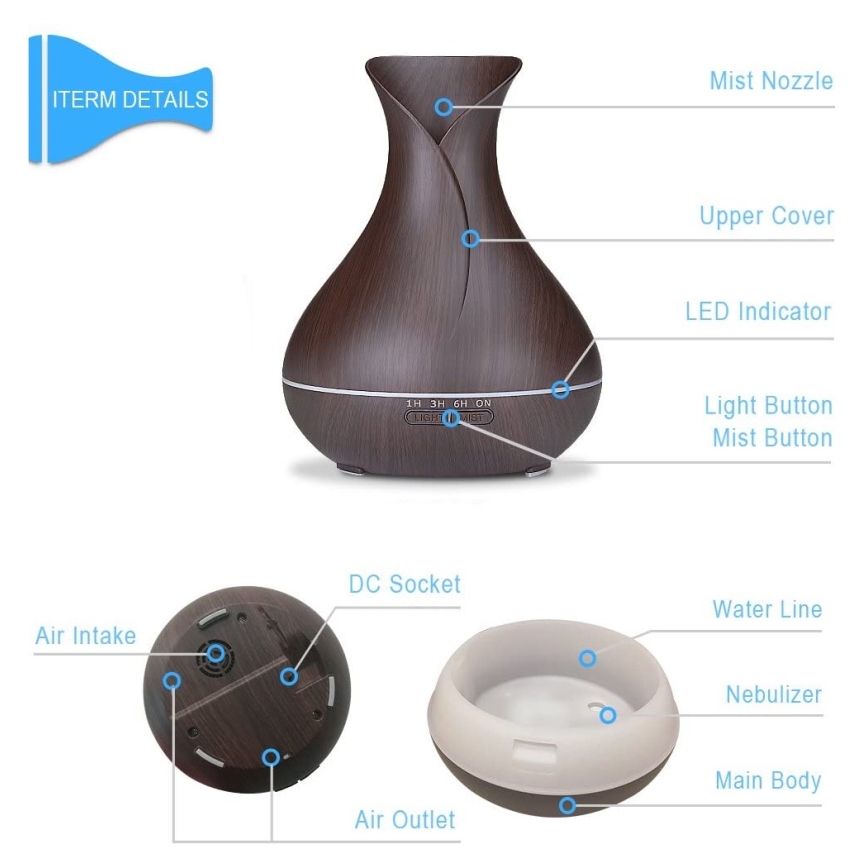 LED RGB -ilmankostutin ja ilma-ionisaattori 400 ml