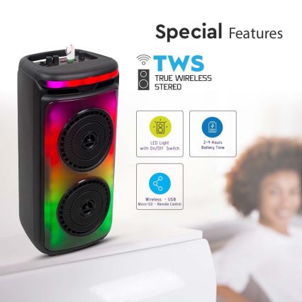 LED RGB ladattava kaiutin mikrofonilla 400W/2400 mAh + kauko-ohjaus