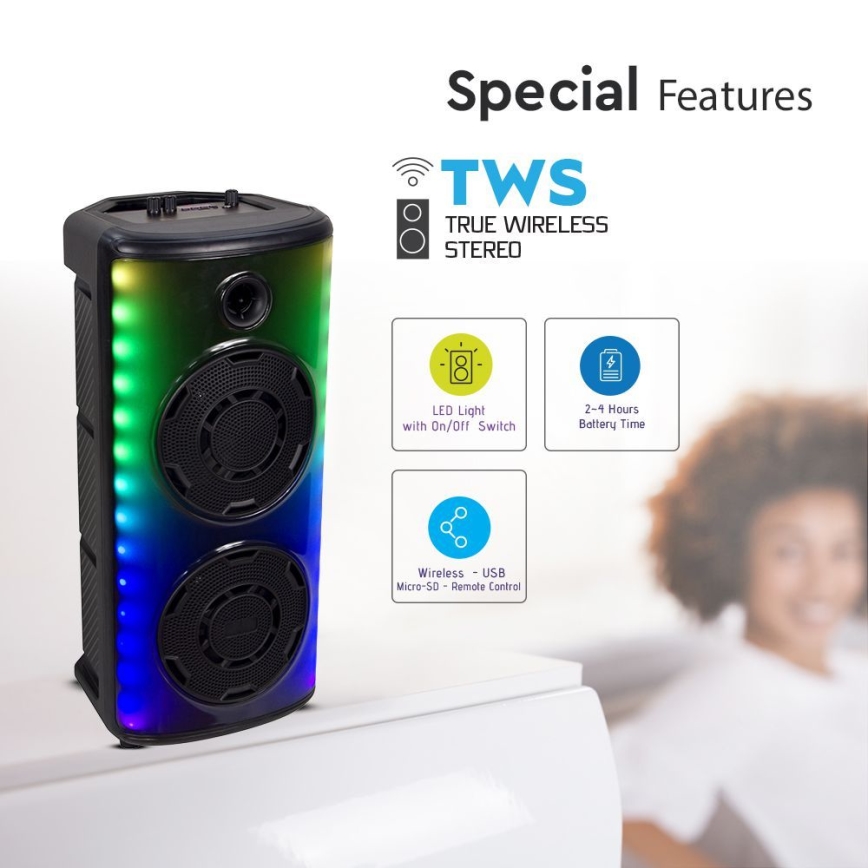 LED RGB ladattava kaiutin mikrofonilla 600W/2400 mAh + kauko-ohjaus