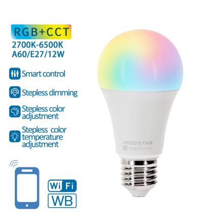 LED RGBW Himmennettävä polttimo A60 E27/12W/230V 2700-6500K Wi-Fi - Aigostar